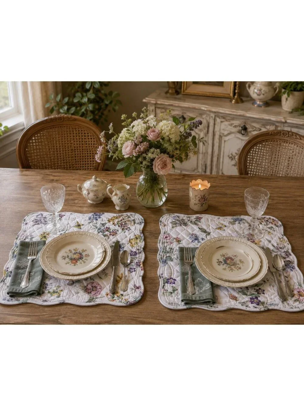 2 Vintage Floral Butterfly Placemats Quilted Table Mats Cottage Garden Linens